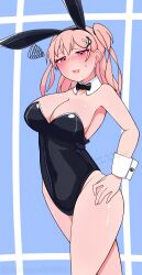 :3 animal_ear_hairband animal_ears armpits bang_dream! bare_legs black_bow black_bowtie black_leotard blush bow bowtie breasts cleavage fake_animal_ears hair_ornament hairband hand_on_own_leg highres hiromachi_nanami large_breasts legs leotard long_hair looking_at_viewer nfch_05054 pink_eyes pink_hair playboy_bunny rabbit_ears simple_background sweat