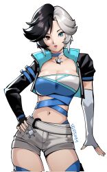 1girl black_hair black_jacket blue_eyes breasts choker crop_top fingerless_gloves gloves heterochromia highres jacket looking_at_viewer luna_snow marvel marvel_rivals multicolored_hair navel selvish94 short_hair shorts smile solo split-color_hair two-tone_hair white_hair