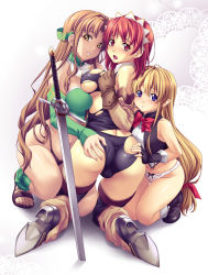 Rule 34 | 00s, 3girls, aria (seiken no blacksmith), ass, blonde hair, blush, brown hair, cecily cambell, female focus, hand on ass, highres, lisa (seiken no blacksmith), long hair, multiple girls, panties, red hair, seiken no blacksmith, sword, trefoil, underwear, weapon