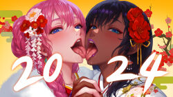 2024 2girls black_hair blue_eyes blush commentary_request dark-skinned_female dark_skin flower french_kiss hair_flower hair_ornament highres holding_hands interlocked_fingers kiss multiple_girls open_mouth original pink_hair saliva teeth tongue tongue_out upper_teeth_only yuri yuritamashi