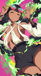 1girl absurdres armpits bare_shoulders belt black_hair blush braid breasts commentary_request highres long_hair looking_at_viewer medium_breasts original parted_lips shorts solo sunglasses twin_braids very_long_hair yellow_eyes yellow_nails yuu_(primenumber7)