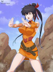 Rule 34 | 1girl, absurdres, belt, black hair, breasts, brown eyes, cloud, commission, detached sleeves, dress, final fantasy, final fantasy unlimited, highres, lisa pacifist, long hair, open mouth, ponytail, skeb commission, skirt, solo, tomo eokaiteru