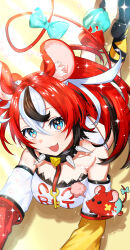 1girl absurdres animal_ears black_collar black_hair black_shoes black_tube_top blue_bow blue_eyes bow breasts collar detached_sleeves dice_hair_ornament gami_(gami37260414) hair_ornament hakos_baelz hakos_baelz_(1st_costume) highres hololive hololive_english long_hair looking_at_viewer medium_breasts mouse_ears mouse_girl mouse_tail mr._squeaks_(hakos_baelz) multicolored_hair open_mouth red_hair red_sleeves shoes smile solo spiked_collar spikes strapless streaked_hair tail tail_bow tail_ornament tube_top twintails virtual_youtuber white_hair white_tube_top yellow_sleeves