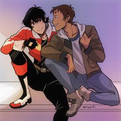 2boys artist_name bad_id bad_twitter_id black_hair blush boots brown_hair dark-skinned_male dark_skin fingerless_gloves gloves grin hood hoodie hyakujuu-ou_golion jacket keith_(voltron) knee_boots lance_(voltron) looking_at_another male_focus miyuli mullet multiple_boys open_clothes open_jacket sitting smile voltron:_legendary_defender voltron_(series)