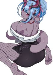 Rule 34 | 1girl, absurdres, ass, back, bare shoulders, black skirt, blue hair, blush, breasts, choker, cleavage, collared shirt, colored skin, dress shirt, fate/grand order, fate (series), fishnet pantyhose, fishnets, grey skin, hair bun, harurukan, highres, horns, ibuki douji (event portrait) (fate), ibuki douji (fate), ibuki douji (swimsuit berserker) (fate), large breasts, long hair, long sleeves, looking at viewer, looking back, miniskirt, multicolored hair, off shoulder, office lady, oni, pantyhose, pencil skirt, pink hair, pointy ears, red eyes, shirt, sidelocks, single hair bun, skirt, smile, solo, tail, white shirt