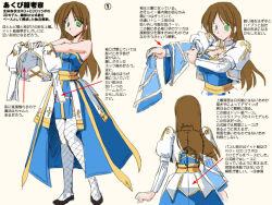 1girl arch_bishop_(ragnarok_online) black_shoes blue_dress blue_sleeves breasts brown_hair cleavage closed_mouth commentary_request cross detached_sleeves dress expressionless fishnet_thighhighs fishnets frilled_thighhighs frills full_body green_eyes juliet_sleeves long_hair long_sleeves medium_breasts multiple_views pointing_out_the_details puffy_sleeves ragnarok_online sash shoes shrug_(clothing) standing strapless strapless_dress tatsumi_ray thighhighs translation_request white_background white_thighhighs yellow_sash