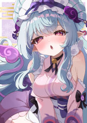 Rule 34 | 1girl, absurdres, aqua hair, arm support, black bow, blush, border, bow, breasts, detached sleeves, english text, eyelashes, frilled hairband, frilled sleeves, frills, genshin impact, hairband, half-closed eyes, highres, japanese clothes, kimono, large breasts, long hair, looking at viewer, nanakusa yomogi, nihongami, obi, open mouth, pink eyes, pink kimono, pointy ears, purple background, purple tail, sash, short kimono, short yukata, sideboob, signature, sitting, sleeve bow, solo, tail, twitter username, watermark, white border, yukata, yumemizuki mizuki