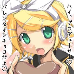 1girl ^_^ animated animated_gif blonde_hair blush bow chocolate closed_eyes eeeeee female_focus finger_in_own_mouth finger_sucking gift green_eyes hair_bow heart holding holding_gift incoming_gift kagamine_rin lowres sexually_suggestive solo solo_focus valentine vocaloid