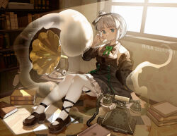 1girl antique_phone black_hairband black_ribbon black_shirt black_skirt black_sleeves blunt_ends book bookshelf bow bowtie chinese_commentary closed_mouth commentary_request dated day detached_sleeves frilled_skirt frills full_body furahata_gen green_bow green_bowtie hairband high-waist_skirt highres indoors konpaku_youmu konpaku_youmu_(ghost) looking_at_viewer mary_janes pantyhose partial_commentary phone phonograph reclining ribbon rotary_phone shirt shoes short_hair signature skirt sleeveless sleeveless_shirt solo sunlight touhou white_pantyhose window window_shadow
