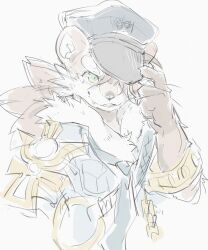 1boy absurdres animal_ears ao_gravity claws fang fang_out furry furry_male hat hat_tip highres looking_at_viewer male_focus one_eye_covered otter_(housamo) otter_boy otter_ears police police_hat police_uniform sketch smile tokyo_houkago_summoners upper_body