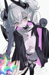 1girl absurdres averting_eyes black_hands black_panties blush boots breasts colored_extremities demon_wings fate/grand_order fate_(series) green_eyes hand_up highres horns lilith_(fate) long_hair open_mouth panties pointy_ears saint_quartz_(fate) sisila_neco smile solo_focus thigh_boots topless_female twintails underwear white_background wings