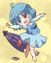 1girl :d ahoge barefoot blue_eyes blue_hair blue_skirt blue_vest blush commentary_request full_body geta heterochromia highres karakasa_obake long_sleeves looking_at_viewer open_mouth outstretched_arms purple_umbrella red_eyes rokugou_daisuke sandals shirt short_hair signature skirt smile solo spread_arms tatara_kogasa tiptoes tongue tongue_out touhou umbrella unworn_sandals vest white_shirt