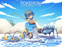 1girl araquanid artist_name blue_hair blue_pants blue_sky bright_pupils chinchou commentary_request copyright_name dated fishing fishing_rod flip-flops gen_2_pokemon gen_7_pokemon holding holding_fishing_rod lana_(pokemon) nintendo nomura_(arumon) ocean pants pokemon pokemon_(creature) pokemon_sm sandals shirt short_hair sitting sky toenails white_pupils white_shirt wishiwashi