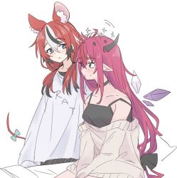 2girls animal_ears black_hair blue_eyes blush bow hakos_baelz hololive hololive_english horns irys_(hololive) long_hair mouse_ears mouse_girl mouse_tail multicolored_hair multiple_girls off_shoulder petting pointy_ears ramphastostella red_hair shirt streaked_hair tail tail_bow tail_ornament virtual_youtuber white_background white_hair yuri