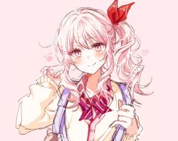 1other akiyama_mizuki backpack bag blush bow bowtie cardigan closed_mouth collared_shirt diagonal-striped_bow diagonal-striped_bowtie diagonal-striped_clothes hair_ribbon heart highres holding_strap kamiyama_high_school_uniform_(project_sekai) kanon_25ji long_hair long_sleeves looking_at_viewer pink_background pink_cardigan pink_eyes pink_hair pink_theme project_sekai red_bow red_ribbon ribbon school_uniform shirt side_ponytail sidelocks simple_background sketch smile solo striped_clothes upper_body white_shirt yellow_cardigan
