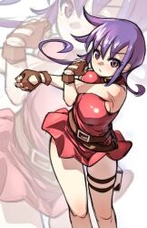 1girl belt breasts choker closed_mouth dress duel_masters fingerless_gloves gloves large_breasts long_hair looking_at_viewer pouch short_dress skirt sleeveless solo standing tasogare_mimi thigh_pouch yoshikage_(yo4kage)
