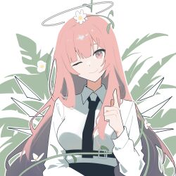 Rule 34 | 1girl, ;), absurdres, arknights, black necktie, closed mouth, collared shirt, commentary, english commentary, flower, halo, highres, index finger raised, lemuen (arknights), long hair, long sleeves, looking at viewer, myticalcat, necktie, one eye closed, pink eyes, pink hair, shirt, smile, solo, traditional halo, white flower, white halo, white shirt
