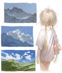 1girl blonde_hair blue_sky cloud cumulonimbus_cloud facing_away from_behind futaba_anzu idolmaster idolmaster_cinderella_girls long_hair low_twintails matsuo_yuusuke mountain scenery shorts sky solo stuffed_animal stuffed_rabbit stuffed_toy twintails