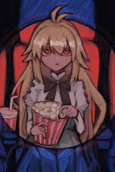 1girl aged_down ahoge arcueid_brunestud black_bow blonde_hair bow chair cup dress drinking_straw eating eco-arc food highres long_hair looking_at_viewer movie_theater popcorn red_eyes sitting tsukihime tsukihime_(remake) very_long_hair white_dress yarakasitenaita