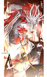 Rule 34 | 1girl, absurdres, ancient greek clothes, armor, artist name, augusta (wuthering waves), bare legs, breastplate, commentary, dress, floating hair, greco-roman clothes, hair floating upwards, headgear, highres, holding, holding sword, holding weapon, legs, long sword, orange hair, rebecca59118221, solo, sword, tacet discord (wuthering waves), weapon, white dress, wide shot, wuthering waves