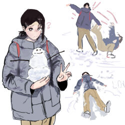 ! 1girl absurdres chainsaw_man fallen_down higashiyama_kobeni highres kipnevh looking_at_viewer lying snow snow_angel snowman solo spill tagme v winter winter_clothes