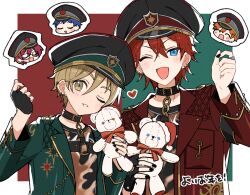 5boys akehoshi_subaru amagi_rinne belt_collar black_gloves black_hat black_nails blue_eyes bow brown_eyes brown_hair chibi chibi_inset collar ensemble_stars! finger_heart fingerless_gloves fushimi_yuzuru gloves green_jacket hair_between_eyes hat heart highres holding_teddy_bear jacket jewelry looking_at_viewer mashiro_tomoya multiple_boys official_alternate_costume one_eye_closed open_clothes open_jacket open_mouth parted_lips peaked_cap red_bow red_hair red_jacket ring saegusa_ibara shisokonbu smile stuffed_animal stuffed_toy teddy_bear upper_body