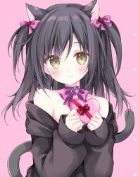 1girl animal_ear_fluff animal_ears bare_shoulders black_hair black_sweater blush bow box breasts cat_ears cat_girl cat_tail choker closed_mouth collar gift gift_box hair_bow hair_ornament highres korie_riko long_hair long_sleeves looking_at_viewer original simple_background smile solo sweater tail yellow_eyes