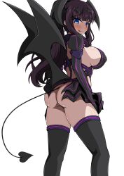 Rule 34 | 1girl, :q, absurdres, aoi tabane, ass, black skirt, black thighhighs, black wings, blue eyes, blush, breasts, commission, cosplay, covered erect nipples, demon girl, demon tail, demon wings, fake wings, from behind, gloves, head wings, highres, kouyoku senki exs-tia, large breasts, liberator (exs-tia), liberator azarin (exs-tia), liberator azarin (exs-tia) (cosplay), licking lips, long hair, long sleeves, looking at viewer, looking back, low wings, microskirt, new game!, pixiv commission, ponytail, puffy sleeves, purple hair, purple trim, revealing clothes, sideboob, sidelocks, simple background, skirt, smile, solo, standing, tail, takimoto hifumi, thighhighs, tongue, tongue out, variant set, white background, wings