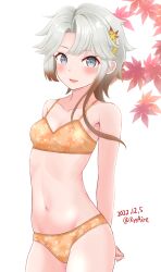 1girl akishimo_(kancolle) ame-san asymmetrical_bangs asymmetrical_hair autumn_leaves blush bra brown_hair dated gradient_hair grey_eyes hair_ornament highres kantai_collection leaf leaf_hair_ornament leaf_panties leaf_print looking_at_viewer matching_underwear multicolored_hair navel open_mouth orange_bra orange_panties panties print_bra print_panties short_hair short_hair_with_long_locks smile solo star_(symbol) star_bra star_panties star_print twitter_username underwear white_background