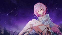 1girl absurdres bare_legs bikini bracelet closed_eyes closed_mouth elf elysia_(honkai_impact) elysia_(miss_pink_elf)_(honkai_impact) elysia_(summer_miss_elf)_(honkai_impact) hairband henjiwumei highres honkai_(series) honkai_impact_3rd jewelry legs long_hair necklace night night_sky official_alternate_costume on_grass outdoors pearl_necklace pink_hair pointy_ears see-through_clothes see-through_sleeves shell shell_necklace shooting_star sitting sky smile solo swimsuit thigh_strap white_bikini white_hairband