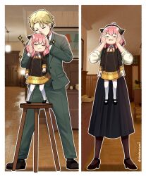 1boy 2girls absurdres ahoge anya_(spy_x_family) black_dress black_footwear black_pantyhose blonde_hair blush border carrying carrying_person character_request collared_shirt commentary_request cone_hair_bun double_bun dress dress_pants formal_clothes green_jacket green_pants green_suit hair_bun hairpods hands_on_another&#039;s_head high_heels highres indoors jacket long_dress long_sleeves medium_dress medium_hair multiple_girls on_stool outline pants pantyhose photo_background pink_hair red_ribbon ribbon shirt short_hair ska.harumi three-quarter_sleeves sparkle spy_x_family standing suit suit_jacket thighhighs twilight_(spy_x_family) twitter_username white_border white_outline white_shirt white_thighhighs wooden_stool yor_briar