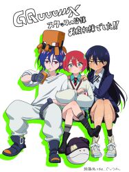 1boy 2girls amate_yuzuriha aqua_eyes beanie black_hat blue_hair blush collared_shirt colored_inner_hair commentary_request conch_(gundam) crossed_legs drink drinking full_body gloves gundam gundam_gquuuuuux haro hat highres holding holding_drink jacket long_hair long_sleeves looking_at_viewer multicolored_hair multiple_girls myu_myu_sun necktie non-humanoid_robot nyaan_(gundam_gquuuuuux) pants pom_pom_(clothes) pom_pom_beanie purple_hair red_eyes red_hair robot school_uniform shirt shoes short_hair shuji_ito sitting skirt sweatdrop sweater two-tone_hair watermark yellow_eyes