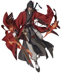 1boy arm_wrap bamboo_slips bandaged_foot bandaged_hand bandaged_neck bandages bi_xie_jian_(weapon) black_hair black_hanfu black_shoes chinese_clothes coat coin covered_mouth dao_gui_yi_xian fire full_body gourd grey_pants hair_bun hair_ribbon half_updo hanfu highres holding holding_knife holding_sword holding_weapon holed_coin jian_(weapon) jun_buhui knife leg_wrap li_huowang long_hair long_sleeves looking_at_viewer male_focus mask mouth_veil official_art pants red_coat red_eyes red_ribbon ribbon robe sash sheath shoes simple_background single_hair_bun solo standing standing_on_one_leg sword sword_on_back tassel veil weapon weapon_on_back white_background wide_sleeves