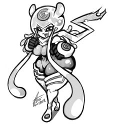 Rule 34 | breasts, clenched hands, digimon, digimon (creature), glubtastic, highres, jellyfish girl, jellymon, monochrome, monster girl, open mouth, tentacle hair, tentacles, thighs, tight clothes