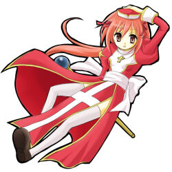 1girl 2000s_(style) back_bow biretta black_shoes bow breasts commentary_request cross cross_necklace dress expressionless full_body hair_bow hand_on_own_hat hat high_priest_(ragnarok_online) holding holding_staff jewelry juliet_sleeves long_hair long_sleeves looking_at_viewer necklace open_mouth orange_eyes pink_hair puffy_sleeves ragnarok_online red_bow red_dress red_hat sash shoes simple_background small_breasts solo staff thighhighs two-tone_dress white_background white_bow white_dress white_sash white_thighhighs yuzu_tanuki