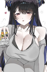 Rule 34 | 1girl, absurdres, alcohol, alternate costume, asymmetrical horns, bare shoulders, beer, beer can, black bra, black hair, blue hair, blush, bra, breasts, can, cleavage, collarbone, cowboy shot, demon horns, dongtan dress, drink can, ewn, heart, highres, holding, holding can, hololive, hololive english, horns, large breasts, long hair, meme attire, mole, mole under eye, multicolored hair, nerissa ravencroft, purple eyes, simple background, solo, squeans, two-tone hair, underwear, uneven horns, virtual youtuber, white background