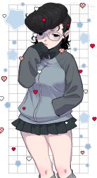 1girl black_eyes black_hair black_skirt blue_jacket breasts commentary girls_und_panzer glasses grey_socks hand_in_pocket hand_on_own_face jacket katsuoboshi keizoku_military_uniform miniskirt pompadour rectangular_eyewear skirt socks solo track_jacket yuri&#039;s_gunner_(girls_und_panzer)