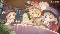 3girls :o abduction alien_t arm_on_table ascot bare_shoulders black_coat black_headwear black_vest blonde_hair blue_bow blue_eyes boater_hat bookshelf bow bowl chair chibi chin_strap closed_eyes closed_mouth coat copyright_name copyright_notice cow cup drawing_(object) dress drill_hair dumpling dutch_angle elbow_gloves flower flying_saucer food gloves green_dress green_eyes green_gloves green_headwear grey_hair hair_bun hand_on_own_cheek hand_on_own_face hand_on_table hand_to_own_mouth hand_up hanging_plant hat hat_bow hat_feather hat_flower highres holding holding_cup indoors jewelry jiaozi logo looking_at_another looking_down ms._moissan multiple_girls necklace official_art pearl_necklace picture_frame plant plate porkpie_hat potted_plant puffy_short_sleeves puffy_sleeves red_flower reverse:1999 round_table second-party_source shirt short_hair short_sleeves single_side_bun sitting sleeveless sleeveless_dress smile sotheby spacecraft sun_hat table tablecloth twin_drills ufo vertin_(reverse:1999) vest white_ascot white_shirt window