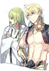 Rule 34 | 1boy, 1other, androgynous, arrow (symbol), ayanolity, bare shoulders, blonde hair, blue vest, commentary request, cropped vest, crossed arms, earrings, enkidu (fate), fate/grand order, fate (series), frown, gauntlets, gilgamesh, gilgamesh (caster) (fate), gilgamesh (fate), green eyes, green hair, hand on own hip, jewelry, long hair, navel, open mouth, red eyes, robe, single gauntlet, smile, vest, white robe, wide sleeves
