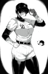 1boy 1girl 1other absurdres adjusting_clothes adjusting_headwear anger_vein baseball baseball_cap black_bodysuit bodysuit chibi commentary english_commentary facial_scar glasses greyscale hand_on_own_hip hat highres jujutsu_kaisen masoq monochrome okkotsu_yuuta orimoto_rika scar scar_on_arm scar_on_cheek scar_on_face solo_focus standing zen&#039;in_maki