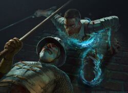 2boys akreon armor artist_name black_hair brick_wall chainmail fantasy green_eyes helmet holding holding_polearm holding_sword holding_weapon kettle_helm looking_at_another magic magic:_the_gathering multiple_boys official_art polearm scar scar_across_eye scar_on_face short_hair sword weapon