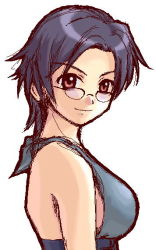 00s 1girl bare_shoulders blue_hair chie_hallard female_focus from_side glasses halterneck harada_chie looking_at_viewer looking_over_eyewear my-hime my-otome red_eyes short_hair simple_background smile solo thick_outline white_background
