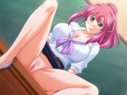 bow breasts completely_nude fechi_chichi_kyonyuu_sensei_no_yuuwaku_jugyou green_eyes huge_breasts jinguuji_nozomi long_hair non-web_source nude pink_hair ponytail purple_bow pussy ribbon shirt shoes white_shirt yamane_masahiro yellow_ribbon