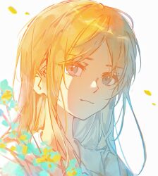 1girl absurdres bang_dream! bang_dream!_it&#039;s_mygo!!!!! blue_eyes brown_hair chinese_commentary closed_mouth commentary_request falling_petals highres kanato04249580 long_hair looking_at_viewer nagasaki_soyo petals portrait sidelocks simple_background solo white_background