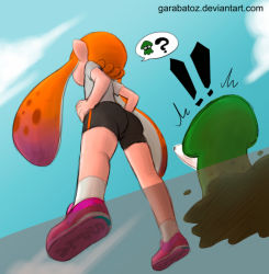 Rule 34 | !, !!, 1girl, ass, bike shorts, from below, garabato, hands on own hips, inkling, inkling girl, inkling player character, nintendo, orange hair, pointy ears, shoes, sneakers, splatoon (series), splatoon 1, squid, tentacle hair, watermark, web address