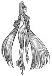 1girl 2017 absurdly_long_hair arms_behind_back ass back_cutout bayonetta bayonetta_(series) bayonetta_1 beehive_hairdo bodysuit breasts clothing_cutout commentary curvy dual_wielding earrings female_focus foreshortening full_body glasses greyscale gun handgun high_heels highres holding jewelry joel_jurion large_breasts living_clothes long_hair looking_at_viewer looking_back mole mole_under_mouth monochrome pistol sideboob simple_background solo spanish_commentary thick_lips thick_thighs thighs variant_set very_long_hair walking weapon white_background