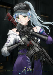 1girl absurdres artist_name assault_rifle bare_shoulders baseball_cap black_bodysuit black_gloves blue_hair blurry blurry_background bodysuit breasts commentary_request cross_hair_ornament flashbang gbobo girls&#039;_frontline girls&#039;_frontline_2:_exilium gloves green_eyes gun h&amp;k_hk416 hair_ornament hairclip hat highres hk416_(girls&#039;_frontline) holding holding_gun holding_walkie-talkie holding_weapon jacket klukai_(girls&#039;_frontline_2) long_hair long_sleeves looking_at_viewer magazine_(weapon) medium_breasts multicolored_jacket off_shoulder open_clothes open_jacket open_mouth parted_lips partially_unzipped ponytail purple_jacket rifle scar scar_on_face scar_on_nose sleeveless sleeveless_turtleneck solo standing tattoo teardrop_facial_mark teardrop_tattoo turtleneck upper_body walkie-talkie weapon