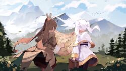 2girls absurdres ahoge black_pantyhose brown_capelet brown_hair capelet cloud commentary day dress english_commentary feather_hair_ornament feathers field floating_hair forest frieren from_behind hair_ornament highres holding holding_map holding_suitcase hololive hololive_english map mountainous_horizon multiple_girls namiorii nanashi_mumei nanashi_mumei_(1st_costume) nature outdoors pantyhose pleated_skirt pointing ponytail red_skirt skirt sousou_no_frieren split_ponytail suitcase tree twintails virtual_youtuber white_capelet white_dress white_hair wind wind_lift