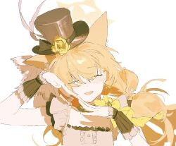 1girl animal_ear_fluff animal_ears black_hat blue_archive commentary earrings flower halo hat highres jewelry looking_at_viewer mari_(blue_archive) mari_(idol)_(blue_archive) official_alternate_costume open_mouth orange_hair rose simple_background smile solo upper_body white_background yellow_flower yellow_halo yellow_rose yu-y_(824412)