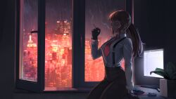 1girl arched_back arm_support ashtray bags_under_eyes black_gloves blowing_smoke blue_eyes blunt_bangs blurry blurry_background breasts brown_pants building cigarette cigarette_butt city_lights cityscape closed_mouth collared_shirt commentary commission computer_keyboard computer_mouse cowboy_shot curled_fingers dark dark-skinned_female dark_skin desk dress_shirt earrings english_commentary english_text facial_tattoo from_side gloves glowing gold_earrings half-closed_eyes hand_up high-waist_pants highres holding holding_cigarette hoop_earrings indoors jewelry large_breasts long_eyelashes long_hair long_sleeves looking_ahead monitor mousepad_(object) necktie night night_sky office open_window original pants plant ponytail potted_plant rain red_necktie shirt shirt_tucked_in short_necktie sidelocks sitting sitting_on_table sky skyline skyscraper smoke smoke_trail smoking solo star_(sky) starry_sky suspenders tattoo tented_shirt thick_eyebrows thick_thighs thighs tight_clothes tight_pants vertigris watermark wide_hips window wing_collar